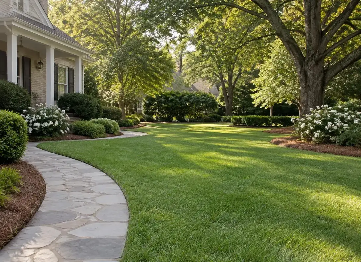 Landscape inspiration: a natural green lawn, curved stone path, trimmed hedges and pine-straw beds beneath a mature tree