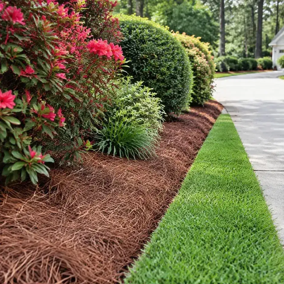 Fresh pine straw along residential shrubs and a neatly edged driveway