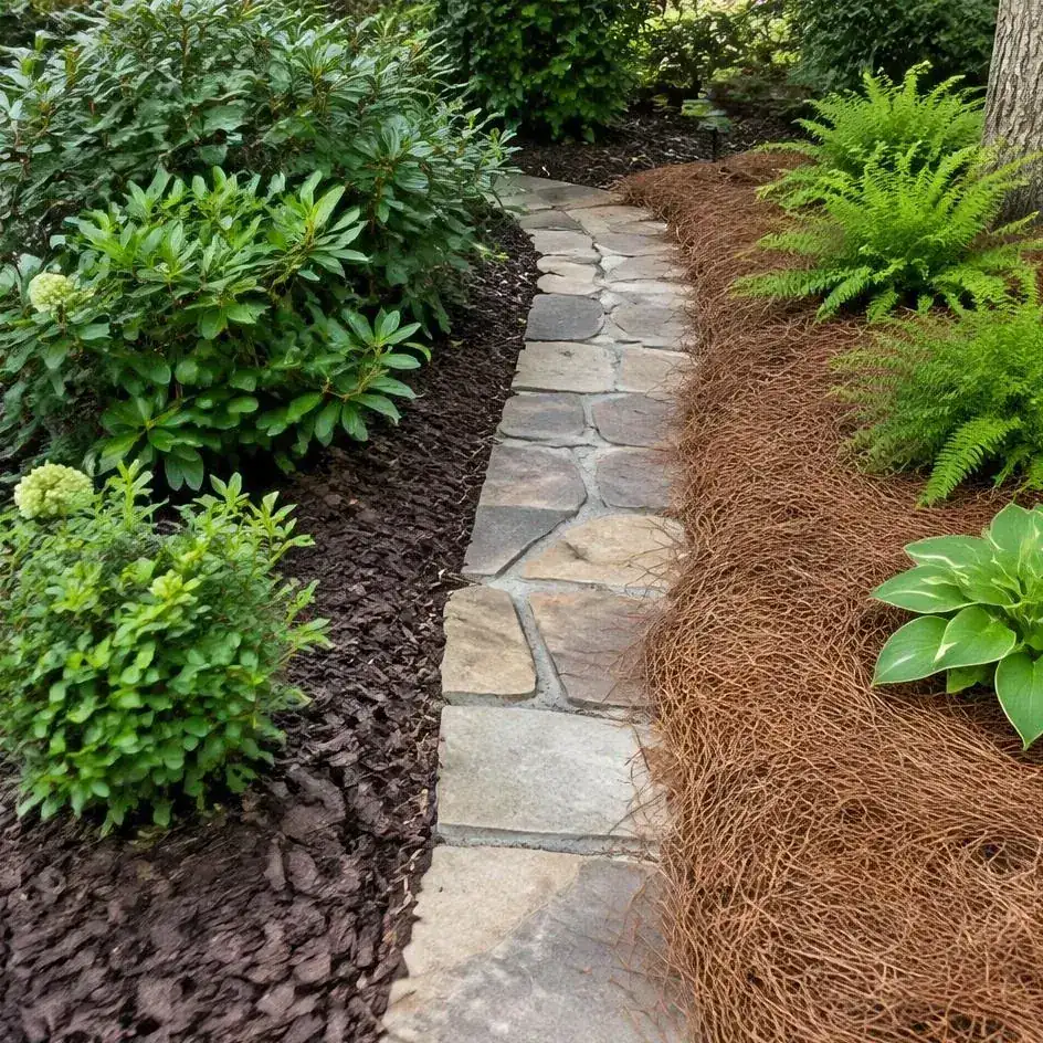 Existing garden beds with mulch and pine straw on opposite sides of a stone path